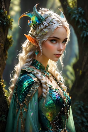 alabaster skin, mystical being, born of the union between a dragon and an elf girl,elf ears,Dragon horn,Dragon inspired dress,extraordinary creature exhibits both draconic and elven features, blending the elegance of the elves with the majestic presence of dragons, Its scales might shimmer with ethereal colors, and its pointed ears,,DonM3lv3sXL,Disney pixar style,ct-niji2