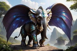 The elephant-like creature stands tall, its ears transformed into enormous angelic wings, reminiscent of divine guardians,Facing forward,Adorned in armor crafted from dragon scales, it possesses an air of formidable strength and resilience.,The dragon-scale armor shimmers with an otherworldly iridescence, reflecting the light in mesmerizing patterns. Despite its imposing appearance, there is a sense of serenity and wisdom in its gaze, as if it holds the secrets of both heaven and earth,wings,dragon armor