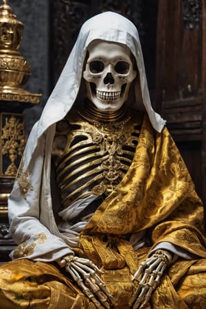 Real photo,mummy, Buddhist monk's robe,white skull head, wearing gold brocade robe,((hooded monk robe:1.2)), skeleton hand,sacred atmosphere,
Mummy sitting and meditating