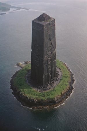 Low quality photos, footage taken by accident, old photos,Handheld camera images, subtitles, time stamps,
Aerial view of a huge jet-black monolith protruding from an uninhabited island, seen from above, the monolith is decorated with mysterious and mechanical geometric patterns, creating a striking contrast to the natural environment of the island ,VHSfootage,DonMSt34mPXL,island