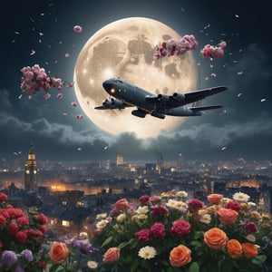 
A city at night, a big moon in the sky, a huge bomber, and many bouquets of flowers falling from the bomber.