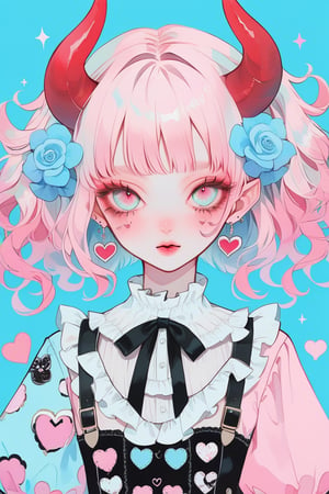 1girl, albino demon girl, (long devil horns) ,heavy makeup, earrings,candycore outfits,pastel aesthetic,Maximalism Pink Lolita Fashion,
Clothes with kawaii prints inspired by Decora, cute pastel colors, Pastel Blue,
,beautiful red eyes , heart,,emo,kawaiitech,dollskill