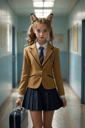 realistic pictures,1girl, a high school girl with anthropomorphic serval cat, whiskers, and a sleek tail. Her sandy brown hair is spotted like a serval's coat. Dressed in a Japanese school uniform with a pleated skirt and blazer, her curious and playful eyes reflect her feline nature, She stands in a school corridor, embodying both agility and grace.i,anthro,perfect likeness of TaisaSDXL,amazing quality