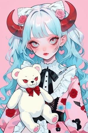 1girl, albino demon girl, (long devil horns) ,heavy makeup, earrings,candycore outfits,pastel aesthetic,Maximalism Pink Lolita Fashion,
Clothes with teddy bear prints inspired by Decora, cute pastel colors, Pastel Blue,
,beautiful red eyes , heart,,emo,kawaiitech,dollskill