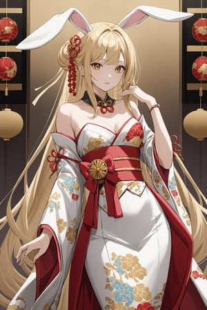 beautiful bunny Girl,blonde hair, adorned in a Baroque-style Japanese bunny suit, exudes elegance as she stands gracefully, Her attire features sleeves reminiscent of a kimono and intricate embroidery, seamlessly blending the beauty of Japanese and Western cultures,Her hair is adorned with ornate Japanese hair accessories,