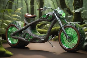 ultra Realistic, a chopper bike crafted by elves. The sleek, iridescent frame is adorned with vines and leaves, with handlebars of ancient wood featuring glowing runes. The moss-upholstered seat, vine-like wheels, and dragon scale exhaust pipes add to its mystical charm. Gleaming in green and silver with elven engravings and gemstones, this bike is a perfect blend of nature and machine.,shards,DonM3lv3sXL