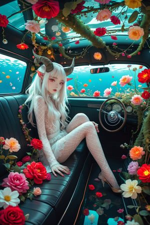 The interior of an old car, many beautiful blooming flowers, the car covered with plant vines, the interior of the car,
BRAKE
(maximalism style),(long intricate horns:1.2) ,albino demon Lilith girl with enchantingly beautiful, alabaster skin,  sitting in the car, ￥, flower car, in car,anime,underwater,emo,interior