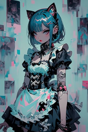 dal-3,Nordic girl,emo Gothic makeup, subculture-inspired French maid outfit with a Japanese twist. The girl, with short blue hair, wears a pastel blue maid dress featuring a kimono-style collar and obi belt. She has white sakura-embroidered apron, pastel blue cat ear headphones,bustle dress,Ground Mine Girl,shullet,rem \(re_zero\),dal-1,epicDiP,ct-niji2