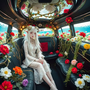 The interior of an old car, many beautiful blooming flowers, the car covered with plant vines, the interior of the car,
BRAKE
(maximalism style),(long intricate horns:1.2) ,albino demon Lilith girl with enchantingly beautiful, alabaster skin,  sitting in the car, ￥, flower car, in car,anime,underwater,emo,interior