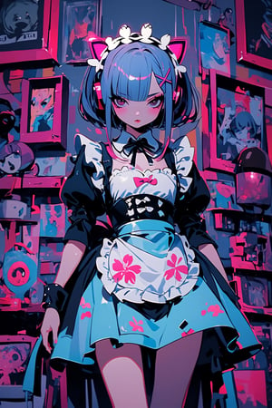Nordic girl,emo Gothic makeup, subculture-inspired French maid outfit with a Japanese twist. The girl, with short blue hair, wears a pastel blue maid dress featuring a kimono-style collar and obi belt. She has white sakura-embroidered apron, pastel blue cat ear headphones,bustle dress,Ground Mine Girl,shullet,rem \(re_zero\),dal-1