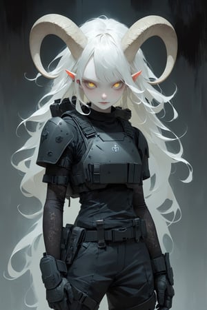  albino demon girl,clad in SWAT tactical gear. Her skin is pale, almost luminous, contrasting sharply with the dark, heavy-duty armor she wears. The gear includes a bulletproof vest, cargo pants, and combat boots, all meticulously designed for maximum protection and mobility. Her piercing, otherworldly eyes and horns protruding through her helmet add an eerie yet striking element to her appearance. The juxtaposition of her ethereal albino features and the rugged, tactical attire creates a powerful and unforgettable image.