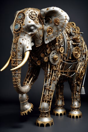 The elephant is constructed with numerous mechanical components, including gears, screws, and wires, intricately mimicking the form of an elephant. The head features intricate gear structures, while wires and pipes make up the trunk. The body consists of metallic parts, each intricately detailed to resemble elephant skin.,DonMSt34mPXL
