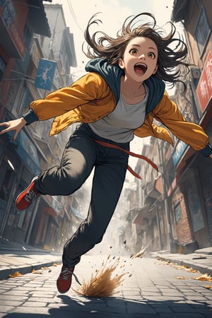 1Girl,
Illustration of a cheerful girl with confident posture, ,((falling down on the street:1.2)),
newhorrorfantasy_style,action_shot