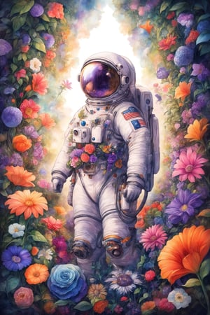 ultra realistic,Ultra maximalism art, a beautiful flower garden with bright flowers blooming as far as the eye can see, an astronaut surrounded by flowers,
A strange alien sight, a black monument covered in flower vines,
Astronaut flowers, astronaut_flowers,watercolor \(medium\),cyber,anime