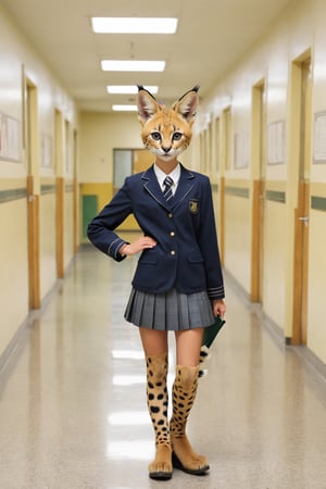 realistic pictures,1girl,Solo, a high school girl,  anthropomorphic serval cat, whiskers, and a sleek tail,Her sandy brown hair is spotted like a serval's coat, Dressed in a Japanese school uniform with a pleated skirt and blazer, her curious and playful eyes reflect her feline nature, She stands in a school corridor, embodying both agility and grace.i,anthro,perfect likeness of TaisaSDXL,amazing quality,hubggirl,NO-animal
