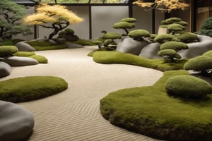 Extreme Realistic portrayal of a Japanese dry landscape garden,striped sand,(wavy sand:1.5),(swirl pattern),
, where meticulous raked gravel represents flowing water and carefully placed rocks symbolize mountains,Envision a serene scene with a harmonious balance of simplicity and elegance, capturing the essence of tranquility. Detail the precisely raked gravel patterns, strategically positioned rocks, and perhaps a few moss-covered stones, reflecting the artistry and contemplative nature of traditional Japanese garden design. Convey the meditative atmosphere, inviting viewers to immerse themselves in the beauty of the meticulously crafted landscape."
Kare-sansui” or dry landscape gardens, are gardens in which natural landscapes are reproduced by representing water with rocks or sand,photo r3al,japanese art