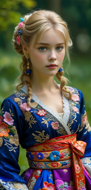 (Beautiful German girl),beautiful blonde hair,beautiful blue iris, wearing a Baroque-style dirndl with vibrant colors, infused with Japanese elements. The dress combines intricate lace and embroidery with colorful kimono-inspired patterns. A wide obi belt cinches her waist, while puffed sleeves and delicate accessories complete the look, showcasing a striking fusion of cultures.,ct-drago