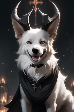 (1 dog), (masterful),demon ANIMAL, albino demon dog,sadistic smile,(Pure white hair),((slit pupil eyes)),, (long demon horns:1.2) , best quality, highest quality, extremely detailed CG unity 8k wallpaper, detailed and intricate,  LegendDarkFantasy,goth person