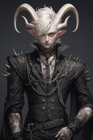 ,score_9, score_8_up, score_7_up, score_6_up,
(1man:1.5), albino demon  Prince,Male,(long intricate horns:1.2), is dressed in a captivating blend of Baroque and punk fashion styles,Roses in one's bosom,Her attire features ornate Baroque-inspired garments with intricate lace, ruffles, and embellishments, reminiscent of royalty from the Baroque era. However, the traditional elements are juxtaposed with edgy punk accents, such as leather straps, spikes, and chains, adding a rebellious and modern twist to her ensemble, enhancing the opulent yet rebellious aesthetic,hubggirl,emo,masterpiece
