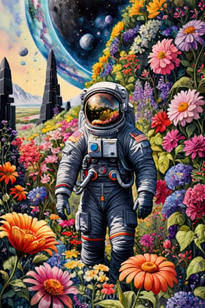 ultra realistic,Ultra maximalism art, a beautiful flower garden with bright flowers blooming as far as the eye can see, an astronaut surrounded by flowers,
A strange alien sight, a black monument covered in flower vines,
Astronaut flowers, astronaut_flowers,watercolor \(medium\)