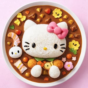 (From Above), Japanese Curry Rice,charming Sanrio-inspired character, carefully crafted from colorful ingredients,Hello Kitty, My Melody, 
(Masterpiece, Best Quality, 8k:1.2), (Ultra-Detailed, Highres, Extremely Detailed, Absurdres, Incredibly Absurdres, Huge Filesize:1.1), (Photorealistic:1.3), By Dr.Maehara, Portrait, Ultra-Realistic Illustration, Digital Painting. ,fat,kawaiitech,