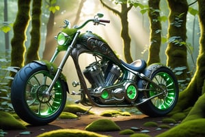 ultra Realistic, a chopper bike crafted by elves. The sleek, iridescent frame is adorned with vines and leaves, with handlebars of ancient wood featuring glowing runes. The moss-upholstered seat, vine-like wheels, and dragon scale exhaust pipes add to its mystical charm. Gleaming in green and silver with elven engravings and gemstones, this bike is a perfect blend of nature and machine.,shards,DonM3lv3sXL