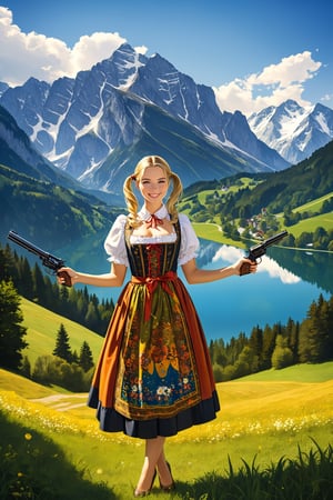 photorealistic, bokeh,
beautiful scene set against the majestic backdrop of the Alps, A young girl,long blonde pigtails, dressed in a traditional dirndl, stands smiling brightly,Her dirndl is adorned with intricate patterns and vibrant colors, reflecting the traditional Bavarian style,In her hands she confidently holding a handgun in  hands, which contrasts sharply with her cheerful demeanor and the serene, picturesque mountain 