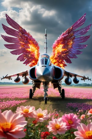Fighter with flaming angel wings,sleek jet fighter, enveloped by a field of beautiful flowers, stands as a striking juxtaposition of power and elegance. Amidst the vibrant petals, the metallic fuselage of the aircraft gleams, contrasting sharply with the natural surroundings. The flowers, delicate and colorful, seem to embrace the fighter, softening its imposing presence with their beauty,Mitsubishi T2,glitter,wings