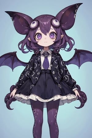 squid Girl,
The girl anthropomorphized as Vampire squid, has a black octopus body, and bat ears on her back. skirt,Her eyes are large and sparkling, and her small octopus legs function as hands. Her hair is a deep purple color with patterns resembling bat wings.,dumbo_oktopus,dal-6 style