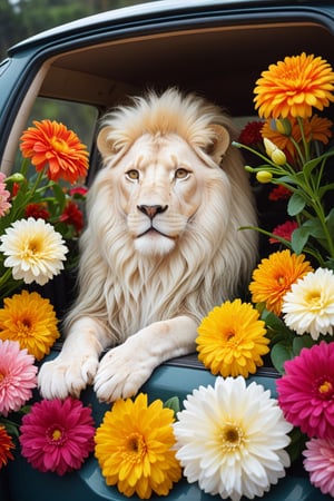 Beautiful pictures, gerbera flowers, freesia flowers, hibiscus flowers and a car filled with flowers,
Brake
Beautiful Albino lion standing in car,large Lion,interior