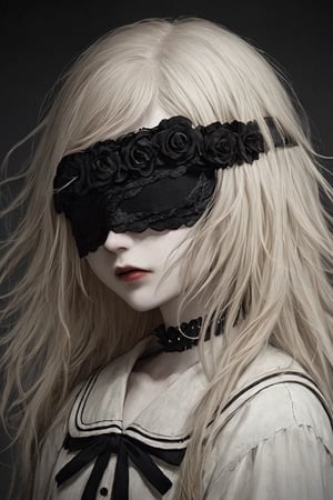 Albino girl in a disheveled gothic sailor suit, rebellious, pale complexion, (flowers jutting from her eye sockets),lip piercing,
Seductive yet distracting presence, carefree hair falling over her shoulders, framing her face with a morbid air,,dal,flower blindfold,Beautiful girl ,Flower Blindfold,bl1ndm5k