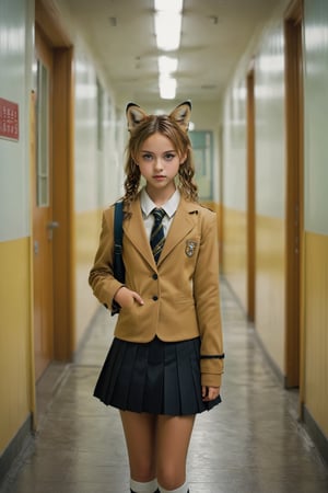 realistic pictures,1girl, a high school girl with anthropomorphic serval cat, whiskers, and a sleek tail. Her sandy brown hair is spotted like a serval's coat. Dressed in a Japanese school uniform with a pleated skirt and blazer, her curious and playful eyes reflect her feline nature, She stands in a school corridor, embodying both agility and grace.i,anthro,perfect likeness of TaisaSDXL,amazing quality,hubggirl