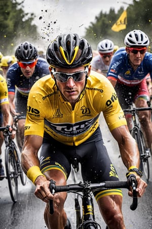 ink Splash art,Tour de France,Sports Illustrated cover photo,  Yellow Jersey,
Bicycle racer, racing bicycle, front view, male road racer, bicycle helmet, sunglasses, in the style of intense athletic competitions, ,ink,abmhandsomeguy,action shot