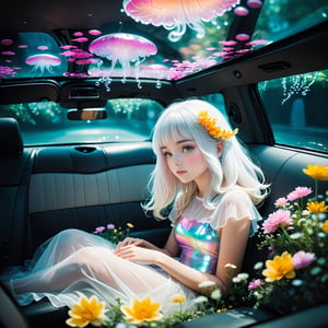 ((bokeh)),depth of field ,
(Nordic girl),Aesthetic photography, high gamma, depth of field, girl white hair,sitting in car filled withflowers,photo naturalistic poses, 
wearing Luminescent Clothing,
vacation dadcore, a coolexpression, body extensions, jellyfish in car,Jellyfish floating around,
analog film, super detail, dreamy lofiphotography, colourful, covered in flowers andvines, Inside view,FlowerStyle,r,hhc,interior,real_booster,aesthetic,Beautiful girl ,LuminescentCL,Jellyfish 