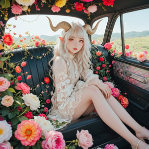 The interior of an old car, many beautiful blooming flowers, the car covered with plant vines, the interior of the car,
BRAKE
(maximalism style),(long intricate horns:1.2) ,albino demon Lilith girl with enchantingly beautiful, alabaster skin,  sitting in the car, flower car, in car,anime,emo,interior
