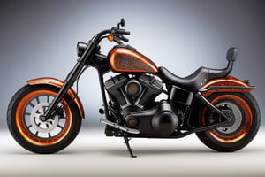 Imagine a Harley-Davidson crafted by dwarves. The robust frame, forged from enchanted metals, features rugged engravings and glowing runes. The dark leather seat is detailed with metal studs, and the wheels are reinforced with dwarven steel. Exhaust pipes resemble dragon mouths, exuding a fiery aura.,H effect
