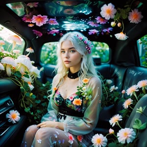(Nordic girl),Aesthetic photography, high gamma, depth of field, girl white hair,sitting in car filled withflowers,photo naturalistic poses, 
wearing Luminescent Clothing,
vacation dadcore, a coolexpression, body extensions, jellyfish in car, analog film, super detail, dreamy lofiphotography, colourful, covered in flowers andvines, Inside view,FlowerStyle,r,hhc,interior,real_booster,aesthetic,Beautiful girl ,LuminescentCL,Jellyfish 