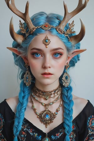 ultra Realistict, demon girl, (Long deer horn: 1.2) ,A shaman with deer antlers,(many ornaments hanging from the horn),crazy alternate hairstyle, amazingly intricately hair,colorful color hair, each braid painstakingly created,decorated with delicate accessories and beads,aesthetic,Beautiful Blue eyes, ,Rainbow haired girl ,dal-1, art nouveau,emo,Realistic Blue Eyes