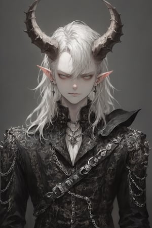 ,score_9, score_8_up, score_7_up, score_6_up,
(1man:1.5), albino demon  Prince,Male,(long intricate horns:1.2), is dressed in a captivating blend of Baroque and punk fashion styles,Roses in one's bosom,Her attire features ornate Baroque-inspired garments, and embellishments, reminiscent of royalty from the Baroque era,traditional elements are juxtaposed with edgy punk accents, such as leather straps, spikes, and chains, adding a rebellious and modern twist to her ensemble, enhancing the opulent yet rebellious aesthetic,emo,masterpiece