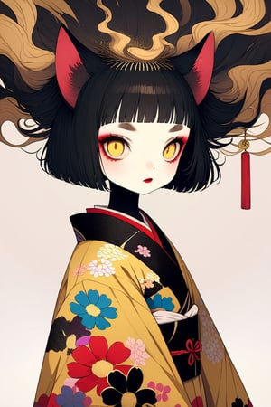 Aesthetic art,2d,dal-3, 1girl, solo,short bob cut hair, black hair, blunt bangs, animal cat ears,round eyebrows,Flower print japanese clothes,wide sleeves layered kimono,vertical pupil yellow eyes, makeup,absurdres,dal-1