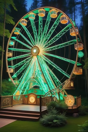 The Ferris wheel, crafted by elven artisans, stands tall amidst a lush forest, blending seamlessly with its surroundings. Each detail reflects elven craftsmanship, with elegant curves and intricate embellishments adorning its frame. Cabins feature elven motifs and mythical creature carvings. Passengers enjoy breathtaking views of the enchanted forest, with sunlight filtering through the canopy. At night, the wheel lights up with ethereal glows, adorned with elven runes that shimmer with a magical aura. It's a testament to elven skill and invites visitors on a journey of wonder.,DonM3lv3sXL