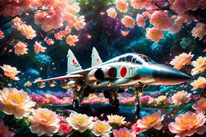 sleek jet fighter, enveloped by a field of beautiful flowers, stands as a striking juxtaposition of power and elegance. Amidst the vibrant petals, the metallic fuselage of the aircraft gleams, contrasting sharply with the natural surroundings. The flowers, delicate and colorful, seem to embrace the fighter, softening its imposing presence with their beauty,Mitsubishi T2,glitter