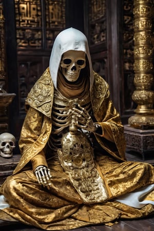 Real photo,mummy, Buddhist monk's robe,white skull head, wearing gold brocade robe,((hooded monk robe)), skeleton hand,sacred atmosphere,
Mummy sitting and meditating