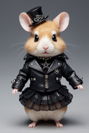"Imagine a darling hamster adorned in the finest Gothic punk fashion, exuding an irresistible charm with every tiny step. Picture this petite rebel dressed in a miniature leather jacket adorned with studs and spikes, paired with a lace-trimmed tutu skirt in deep, rich colors. Visualize its whiskers tipped with silver piercings, adding an edgy flair to its adorable visage. Surround this fashionable rodent with miniature accessories like tiny skull-shaped hair clips, fishnet stockings, and a dainty choker adorned with a miniature pentagram pendant. Capture the essence of rebellion and cuteness as this tiny hamster struts with confidence, proving that even the smallest creatures can make a bold fashion statement."