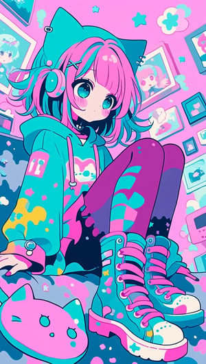 dal-3,,vtuber,1girl,
cute anime characters,Beautiful blue eyes,asymmetric bangs,candy punk Fashion,Hooded hoodie shaped like a cute kitten,cat ear hood,Pastel colored clothes based on blue and pink,Pastel Emo Fashion, Anime Print Shirt,Gothic Style tights, long military boots, score_7_up,dal-6 style,pink-emo,emo,dal-1,art_booster