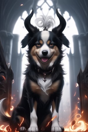 (1 dog), (masterful),demon ANIMAL, albino demon dog,sadistic smile,(Pure white hair),((slit pupil eyes)),, (long demon horns:1.2) , best quality, highest quality, extremely detailed CG unity 8k wallpaper, detailed and intricate,  LegendDarkFantasy,goth person