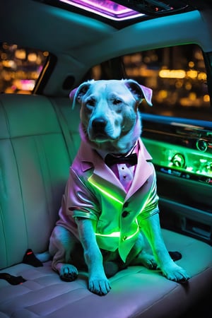 beautiful Model dog,dog wearing Luminescent business suit,
Luxurious car interior,Back seat of the car,dog relaxing in the luxurious atmosphere of the car,LuminescentCL,interior,aesthetic,photograph