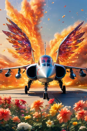 (Fighter with flaming angel wings:1.5),sleek jet fighter, enveloped by a field of beautiful flowers, stands as a striking juxtaposition of power and elegance. Amidst the vibrant petals, the metallic fuselage of the aircraft gleams,Mitsubishi T2,glitter,wings