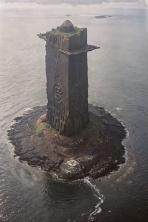 Low quality photos, footage taken by accident, old photos,Handheld camera images, subtitles, time stamps,Time stamp: 1982-2-28,
Aerial view of a huge jet-black monolith protruding from an uninhabited island, seen from above, the monolith is decorated with mysterious and mechanical geometric patterns, creating a striking contrast to the natural environment of the island ,VHSfootage,DonMSt34mPXL,island
