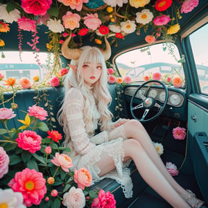 The interior of an old car, many beautiful blooming flowers, the car covered with plant vines, the interior of the car,
BRAKE
(maximalism style),(long intricate horns:1.2) ,albino demon Lilith girl with enchantingly beautiful, alabaster skin,  sitting in the car, flower car, in car,anime,emo,interior
